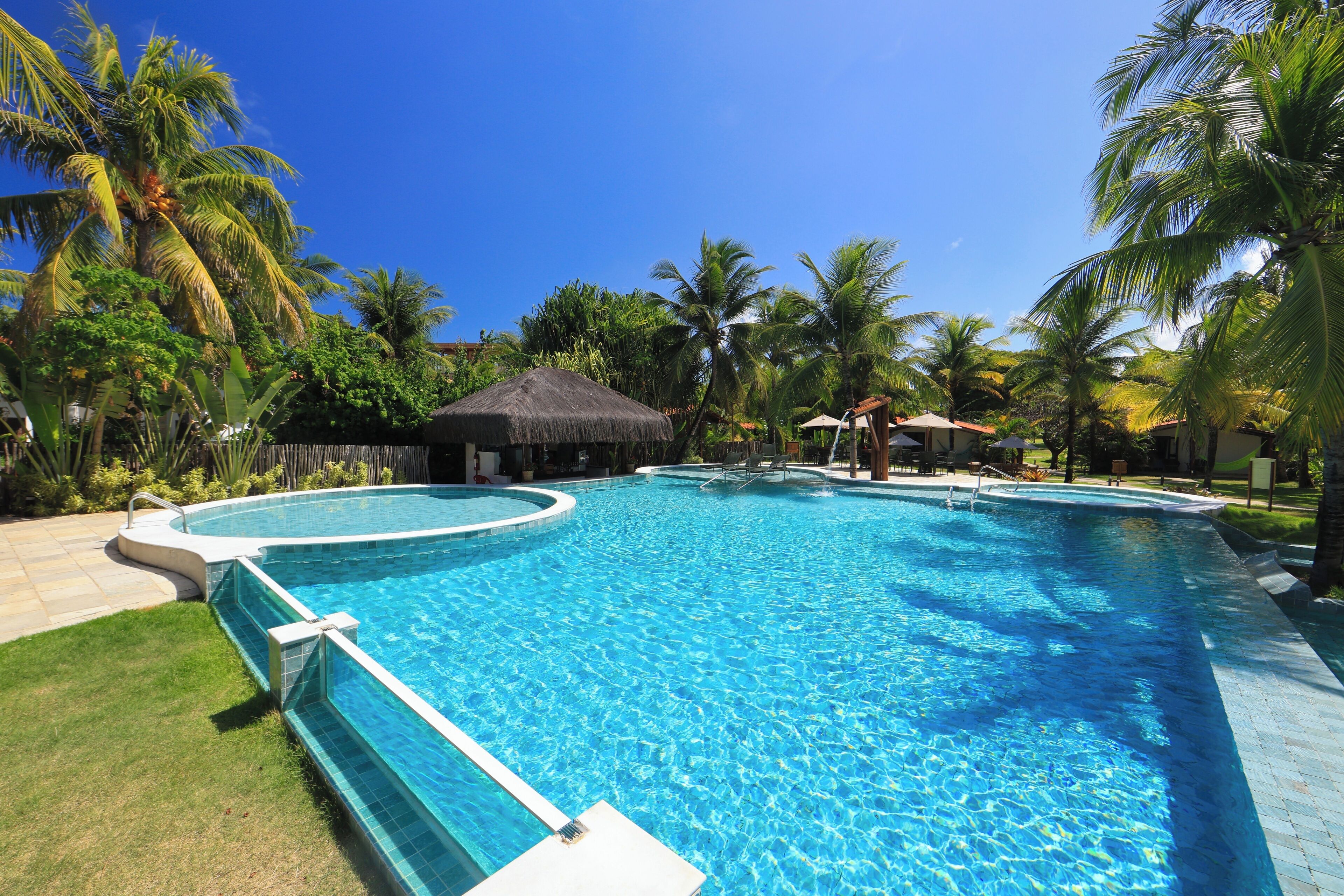 Una piscina al aire libre, sombrillas, sillones reclinables de piscina