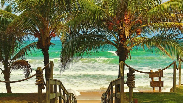A wooden pathway leading to a beach with palm trees and a sign indicating a beachside location. - Pousada Ecoporto (Ipojuca)
