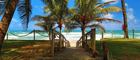 A stone pathway leading to a beach with palm trees and a wooden staircase.
