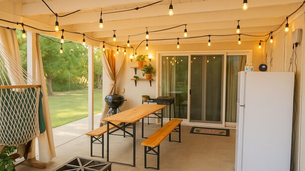 An outdoor patio area with a wooden table and benches, string lights, a grill, and a refrigerator.