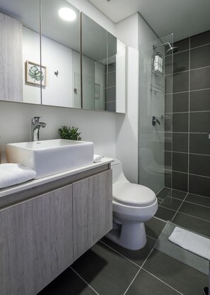 Shower, hair dryer, towels, soap