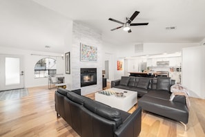 Smart TV, fireplace, books