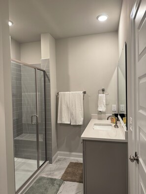 A modern bathroom with a glass shower enclosure, a white sink, and a mirror.