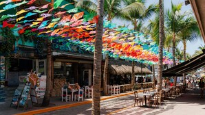 A street with outdoor seating, palm trees, and colorful umbrellas. - 3BR Family Condo, Pool, Walk to Beach – Sayulita | Casa de Paz (Sayulita)