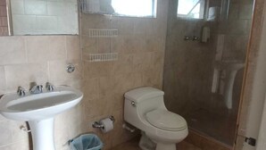 Un baño con lavabo, inodoro y ducha.