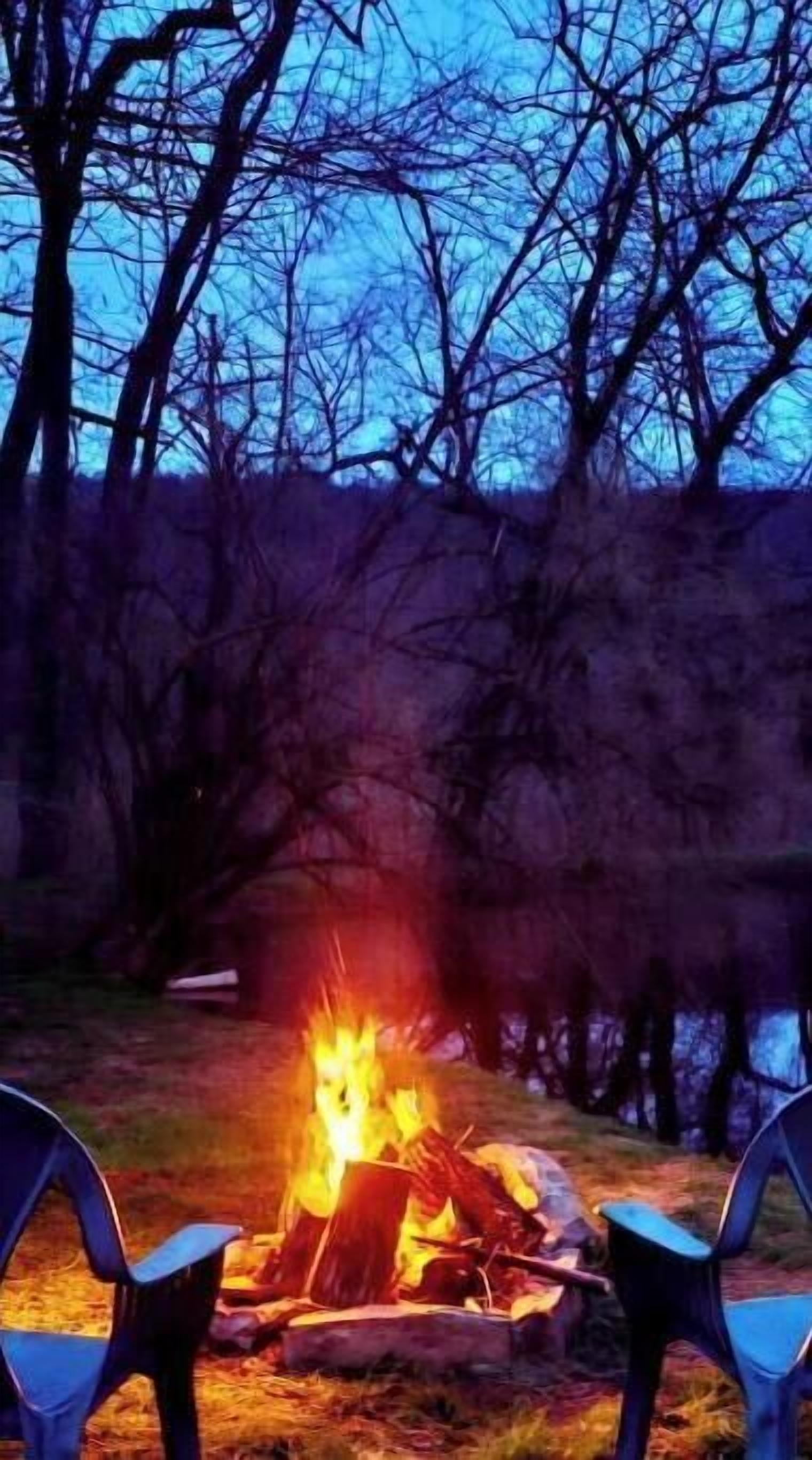 A campfire with chairs around it, set in a wooded area.