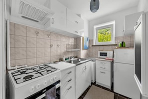 Fridge, microwave, oven, stovetop