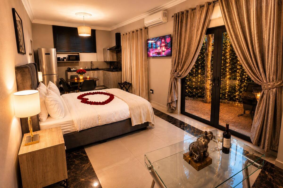 Een hotelkamer met een bed, een televisie, een zithoek en uitzicht op een kerstboom buiten.