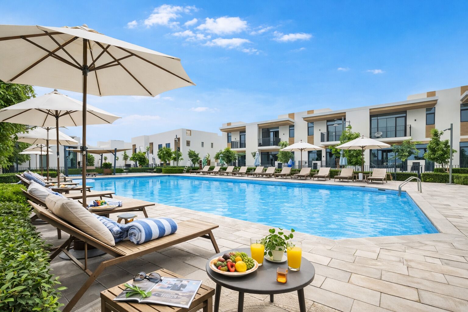 4 outdoor pools, open 9:00 AM to 9:00 PM, pool umbrellas, pool loungers