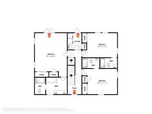 A floor plan with two bedrooms, two bathrooms, closets, and a foyer.