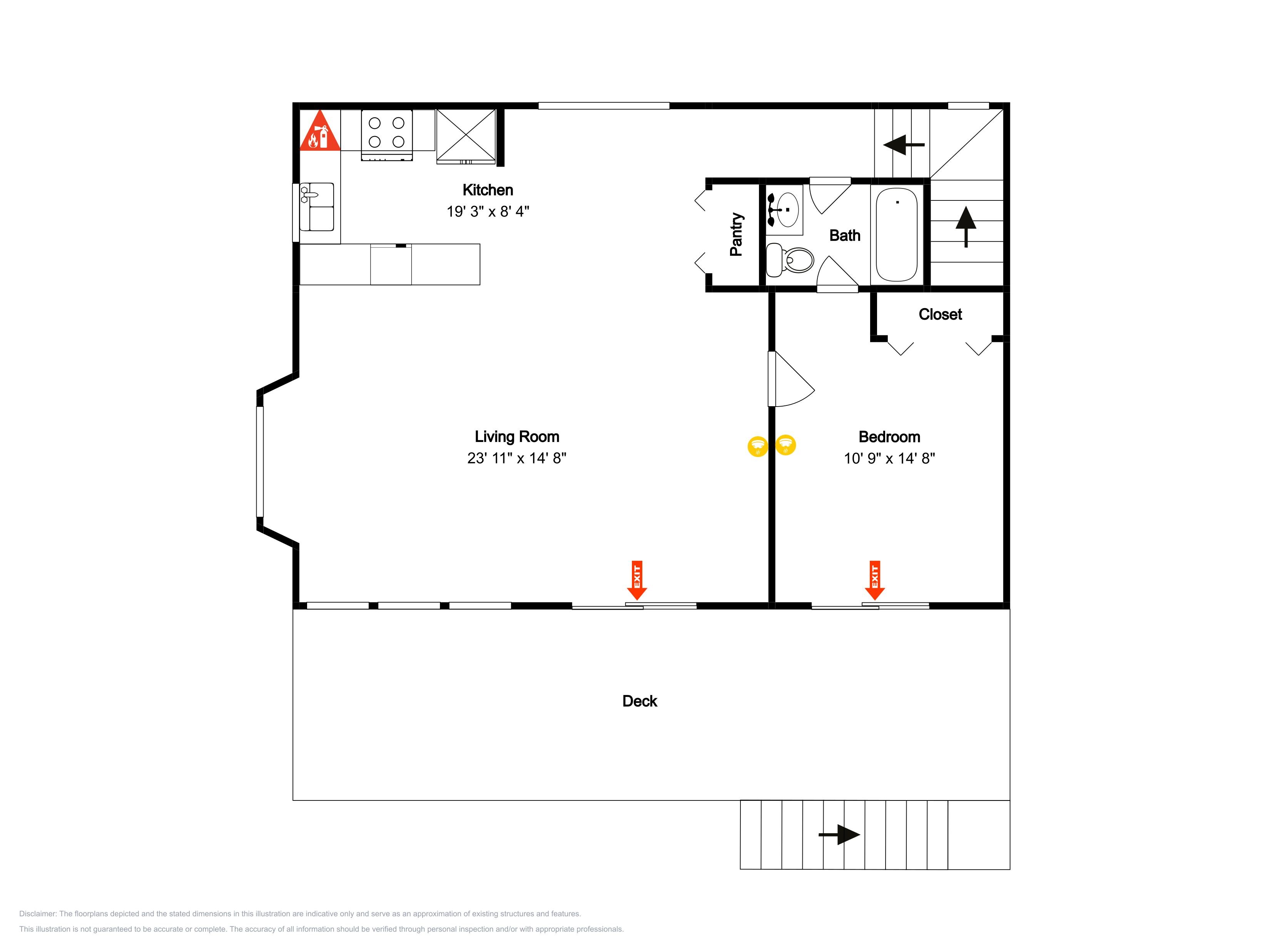 A floor plan with a kitchen, living room, bathroom, and bedroom.