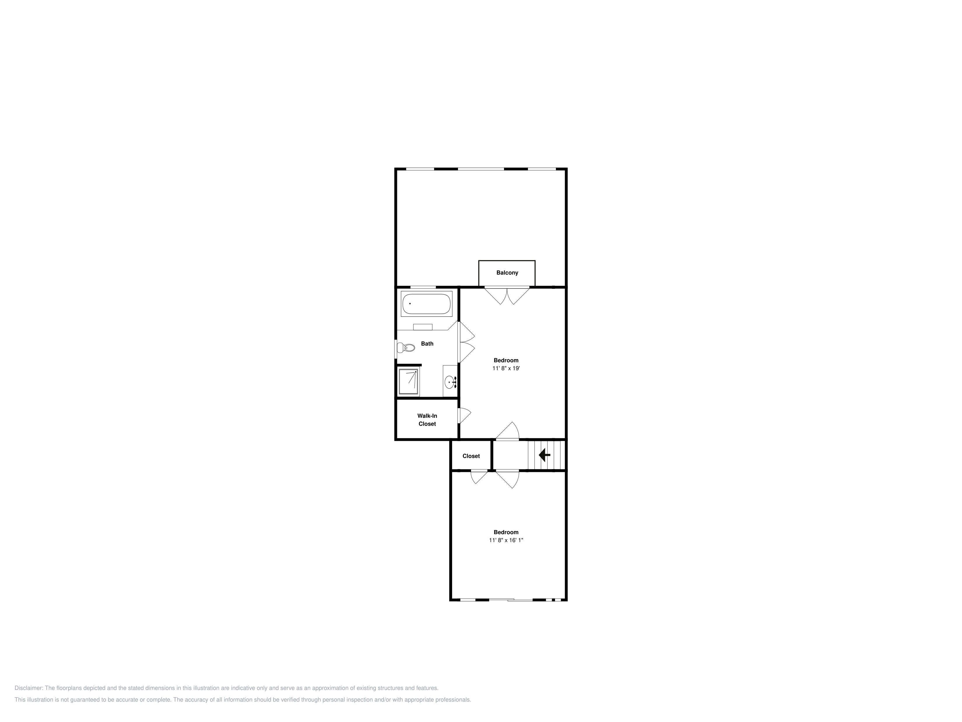 Plano de planta con balcón, dos dormitorios, vestidor, baño y armario.