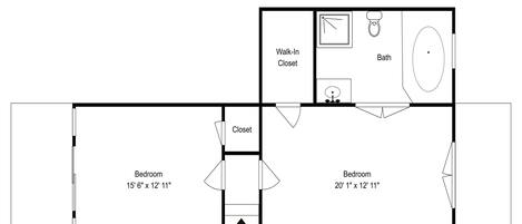 A floor plan with two bedrooms, a walk-in closet, and a bathroom.