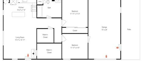A floor plan of a house with a kitchen, two bedrooms, a bathroom, a living room, a walk-in closet, a porch, a garage, and a patio.