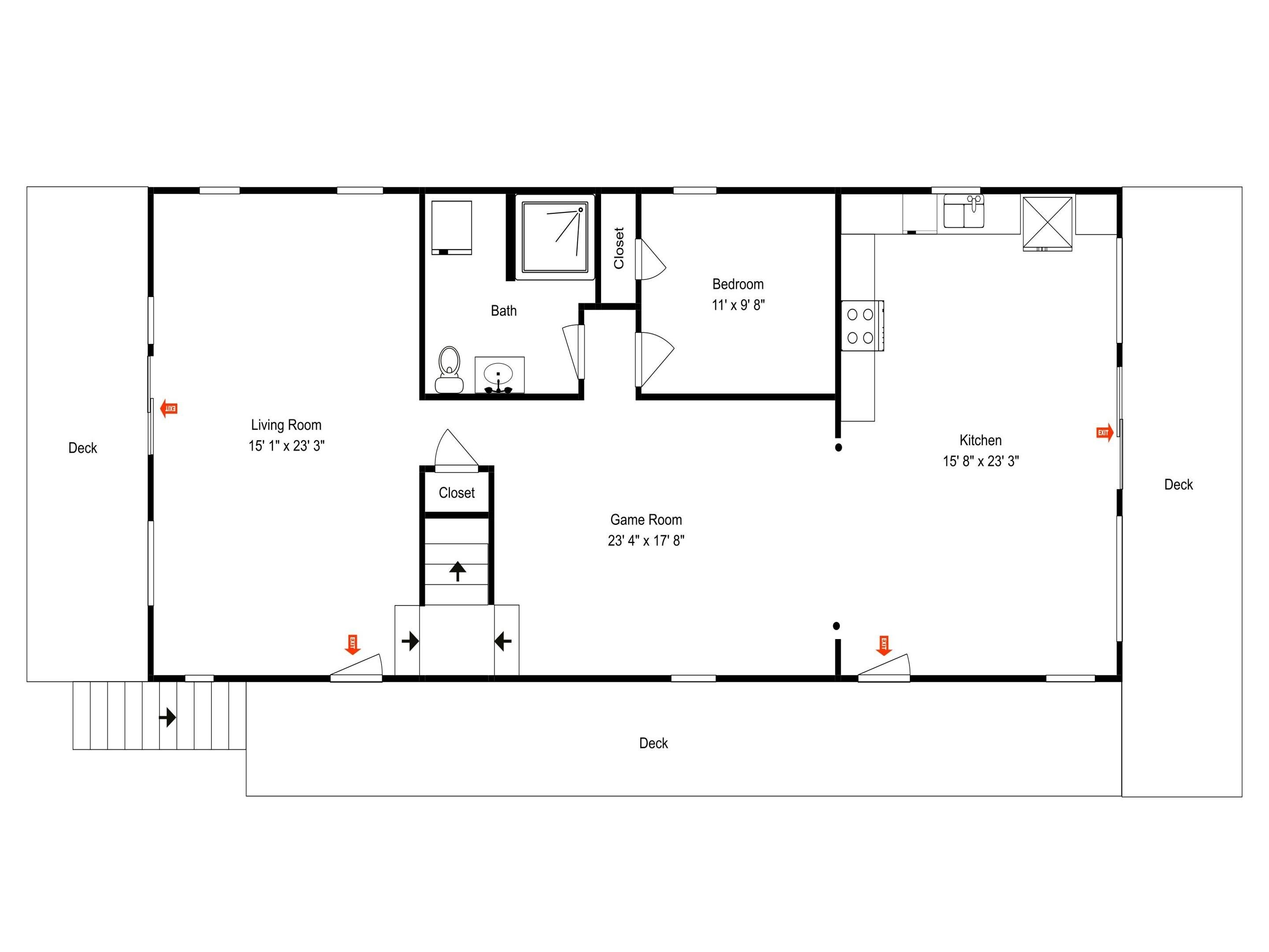 Een plattegrond van een huis met een woonkamer, slaapkamer, badkamer, keuken en speelkamer.