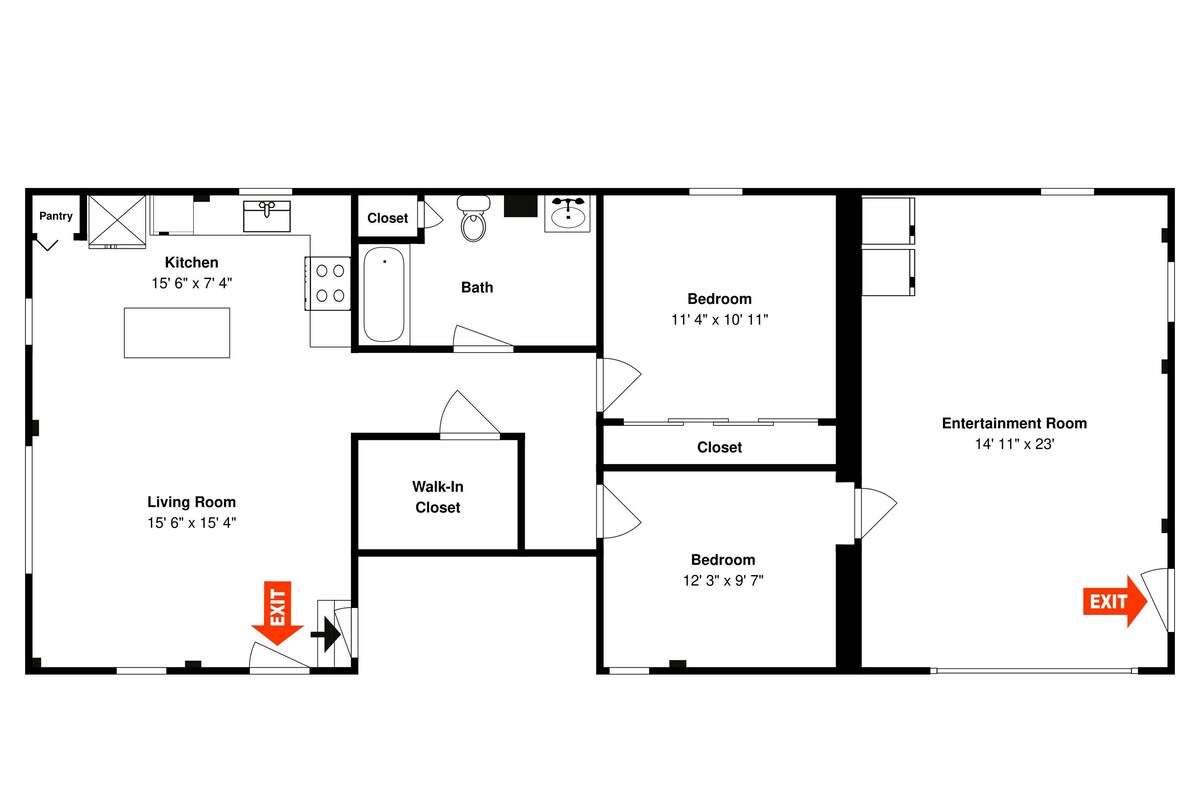 A floor plan with a kitchen, two bedrooms, a living room, a walk-in closet, a bathroom, and an entertainment room.