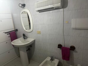 Hair dryer, towels, toilet paper