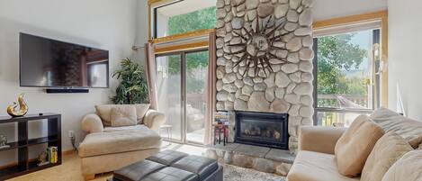 Televisión, chimenea, libros