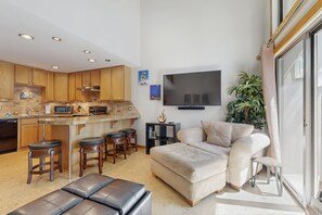 TV, caminetto, libri