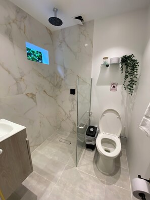 Hair dryer, towels, soap, toilet paper