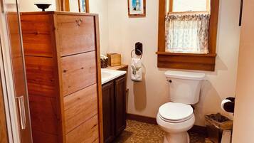 Hair dryer, towels, soap, toilet paper