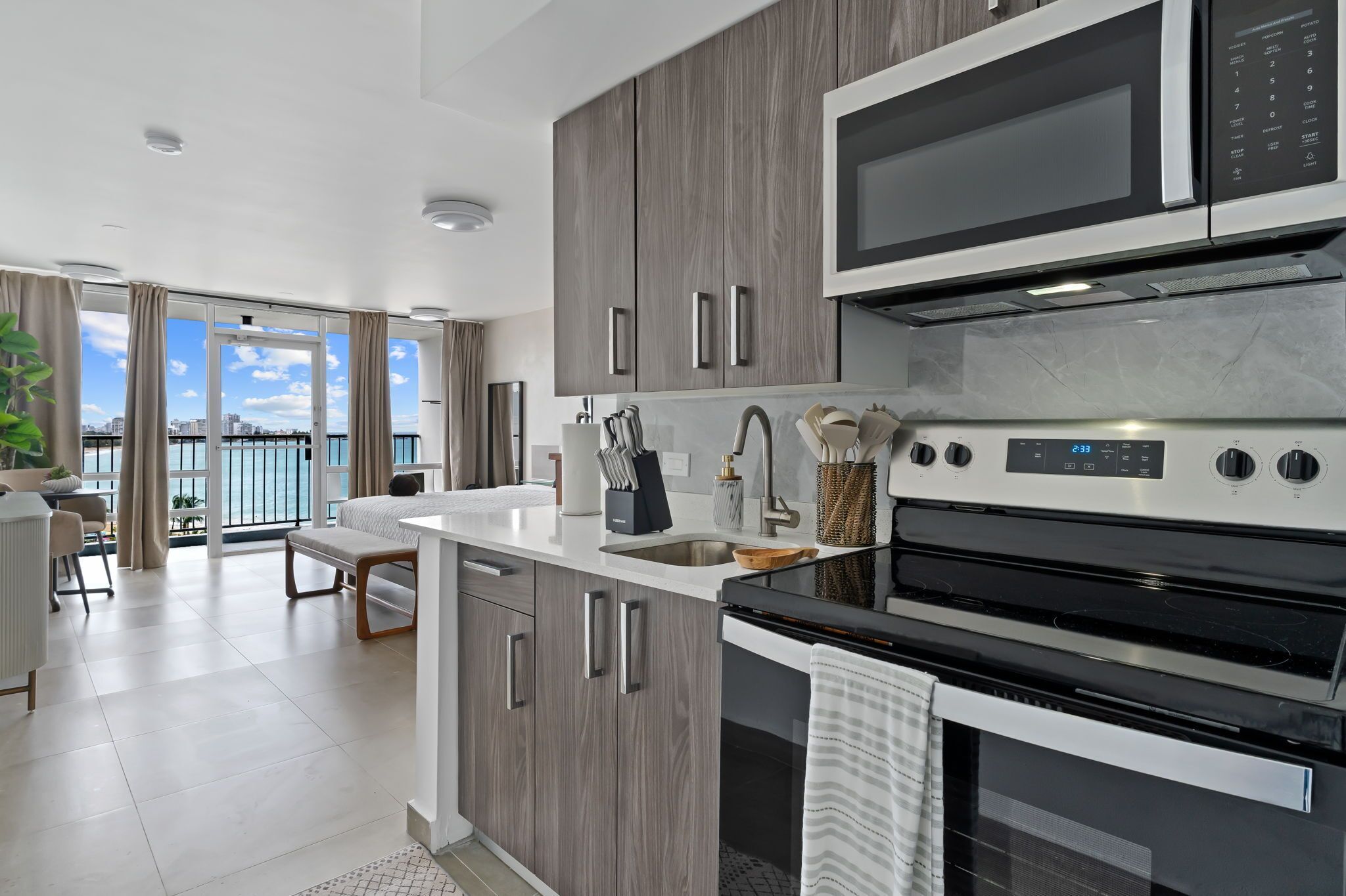 Estudio estándar, vistas a la playa | Cocina privada | Frigorífico grande, microondas y placa de cocina