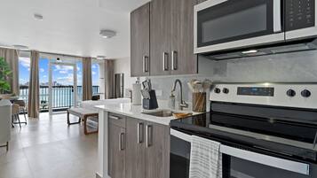 Standard Studio, Beach View | Private kitchen | Full-size fridge, microwave, stovetop, espresso maker