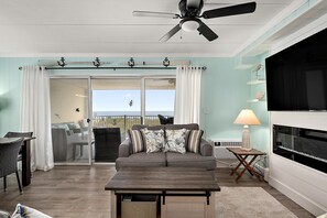 Smart TV, fireplace, books