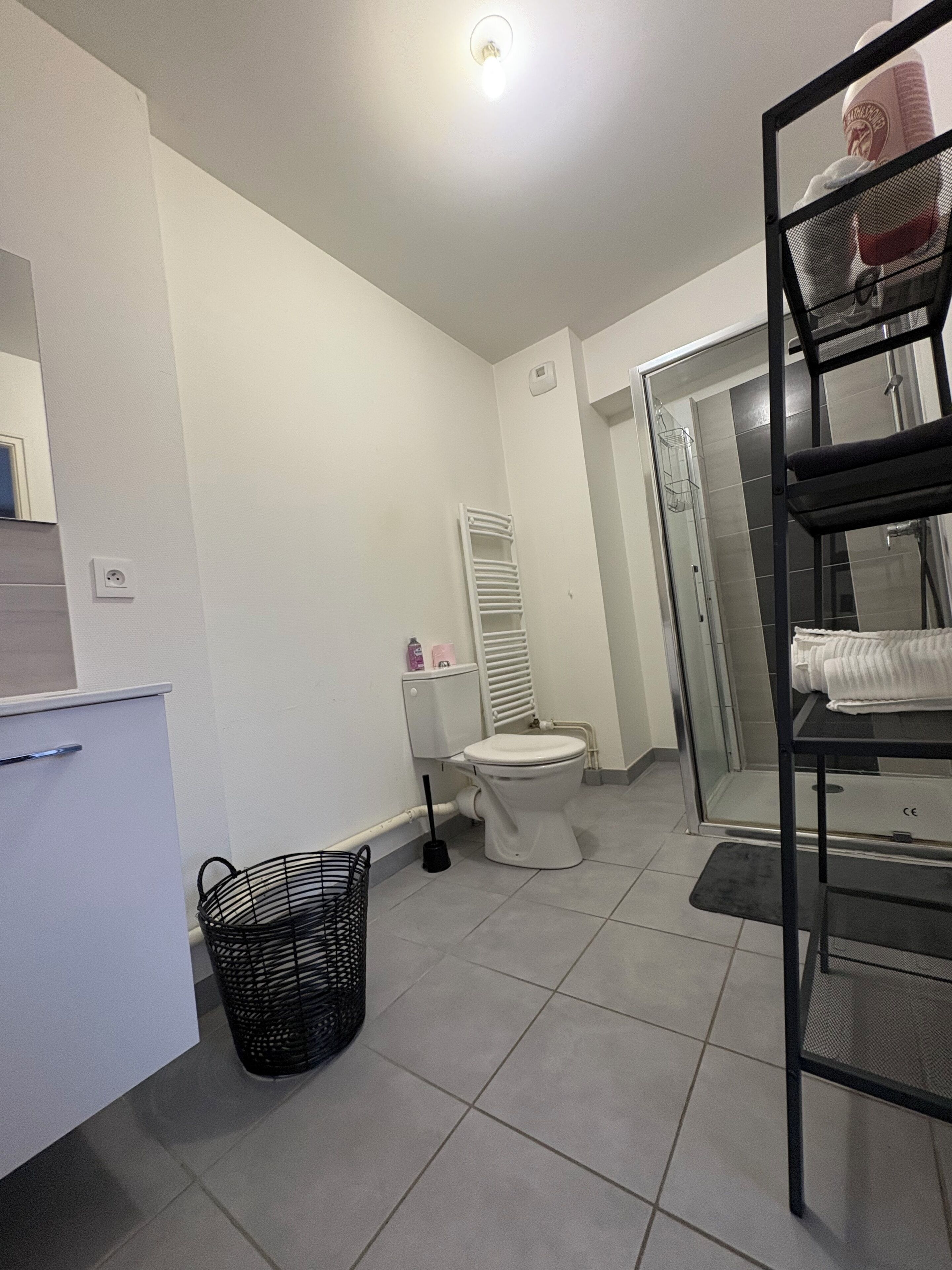 Een douche, handdoeken, zeep, toiletpapier