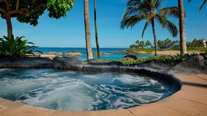 Un bain à remous entouré de plantes tropicales et de palmiers, avec vue sur l’océan et une plage en arrière-plan.