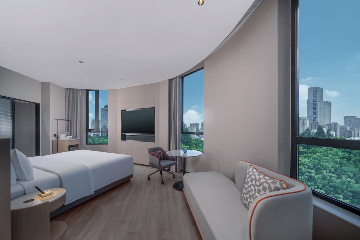 Premium bedding, down comforters, laptop workspace, blackout drapes