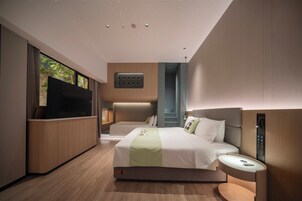 Habitación de hotel moderna con una cama grande, televisión, escritorio y ventana con vista a zonas verdes.