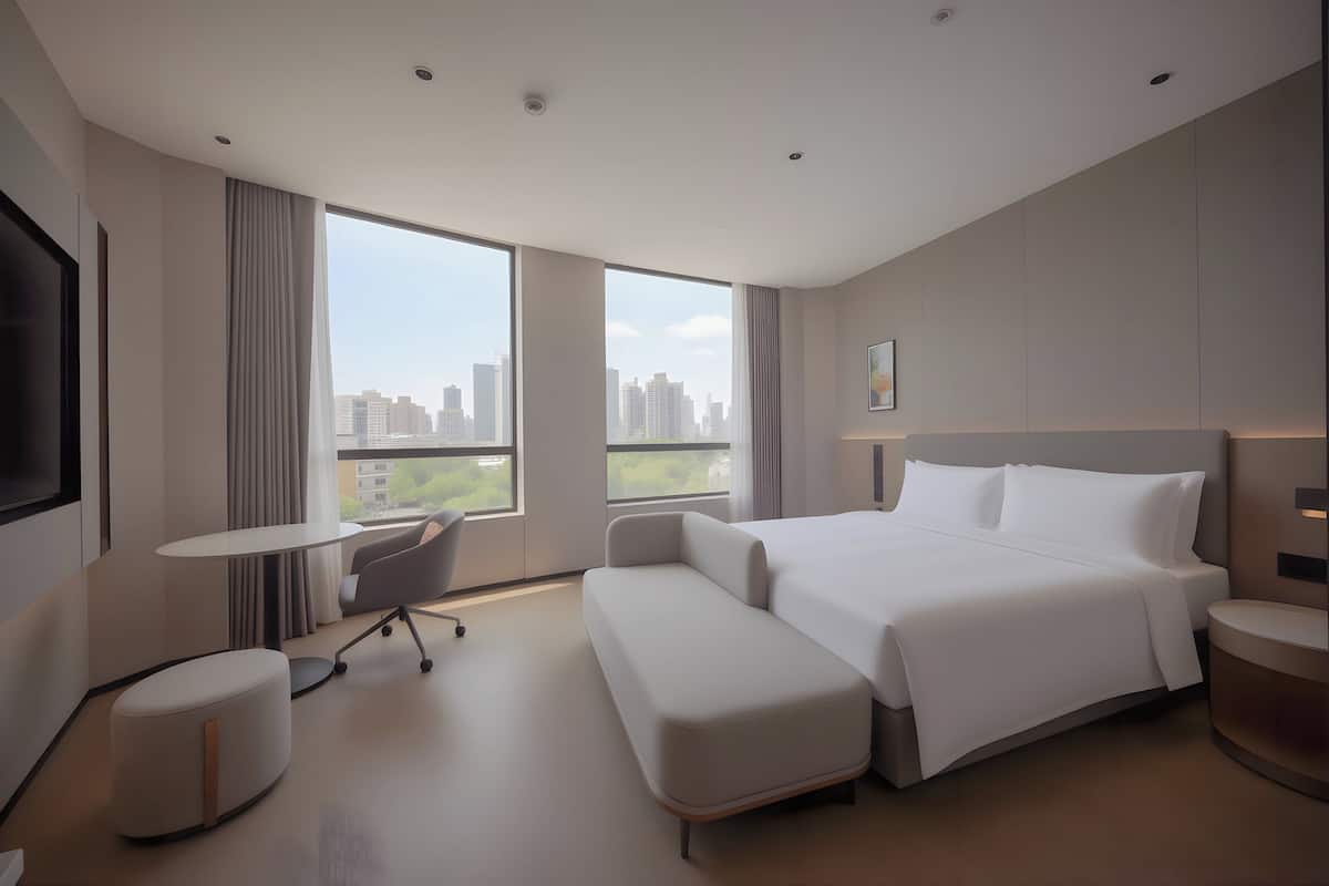 1 King Standard City View | Premium bedding, down comforters, laptop workspace, blackout drapes