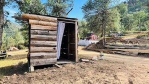 A rustic wooden cabin with an open door and a curtain, surrounded by a forested area with a dirt ground. - Camping near Sequoia Kings Canyon National Park #8 (Yokuts Valley)