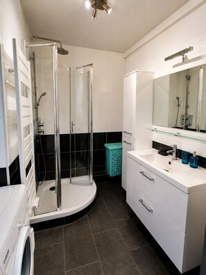 Shower, hair dryer, towels