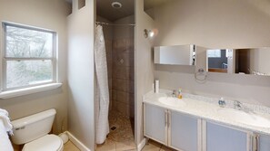 Hair dryer, towels, soap, toilet paper