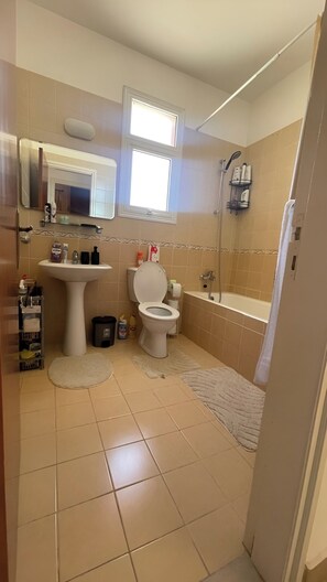 Hair dryer, towels, soap, toilet paper