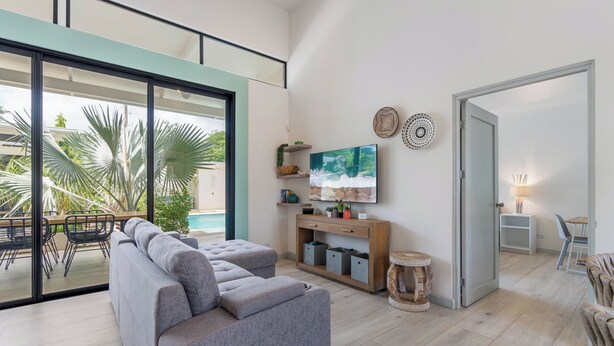 Un salon moderne avec un canapé gris, un téléviseur fixé au mur et une vue sur l’extérieur.