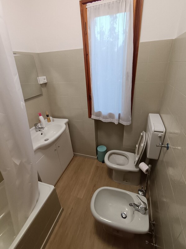 Une petite salle de bain avec des toilettes, un lavabo et une baignoire.