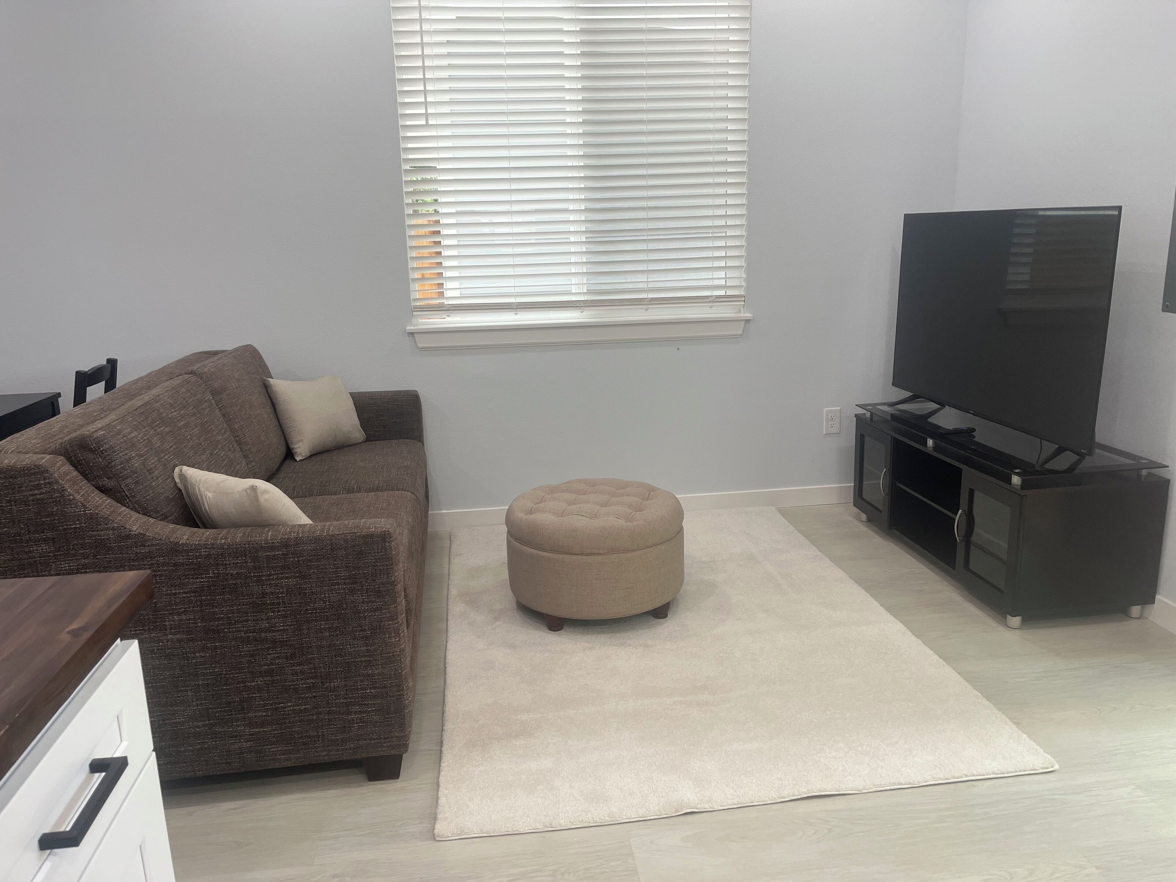 A living room with a brown sofa, a beige ottoman, a flat-screen TV on a black stand, and a white rug.