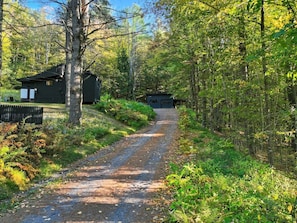 A gravel path leading to a cabin surrounded by dense forest. - Luxury Scandinavian nature escape, private saun (Springfield)