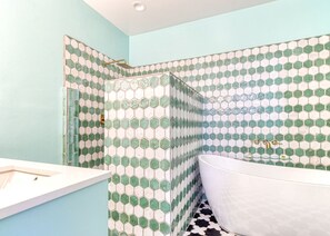 Shower, hair dryer, soap
