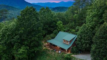 A cabin with a green roof surrounded by dense forest, overlooking a range of mountains.