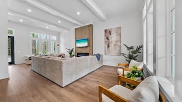 Smart TV, fireplace, foosball