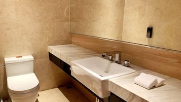 A modern bathroom with a toilet, a large sink, and a mirror.