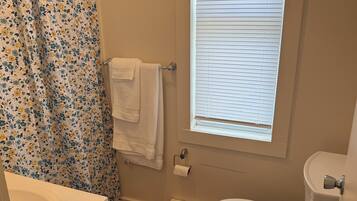 Hair dryer, towels, soap, toilet paper