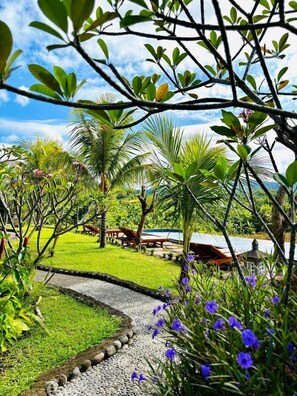 A garden pathway with palm trees, a pool, and a small building. - Terrace Retreat & Spa (Pekutatan)