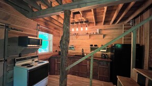 Une cuisine rustique avec des poutres en bois, un poêle, un four à micro-ondes et un évier.