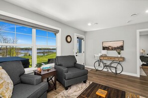 Smart TV, fireplace, books