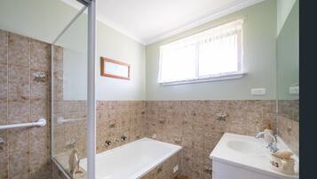 Hair dryer, towels, soap, shampoo